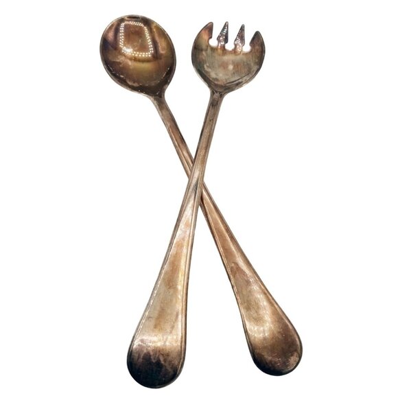 Italian Silver Plate Salad Serving Set Spoon Fork Elegant Dining Vintage 9 Inch - Picture 14 of 14